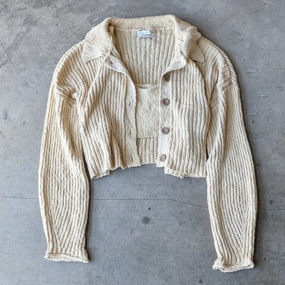 Urban Outfitters Tan Ribbed Knit Collared Cardigan and Tank Top Set size XS/S - Picture 1 of 8